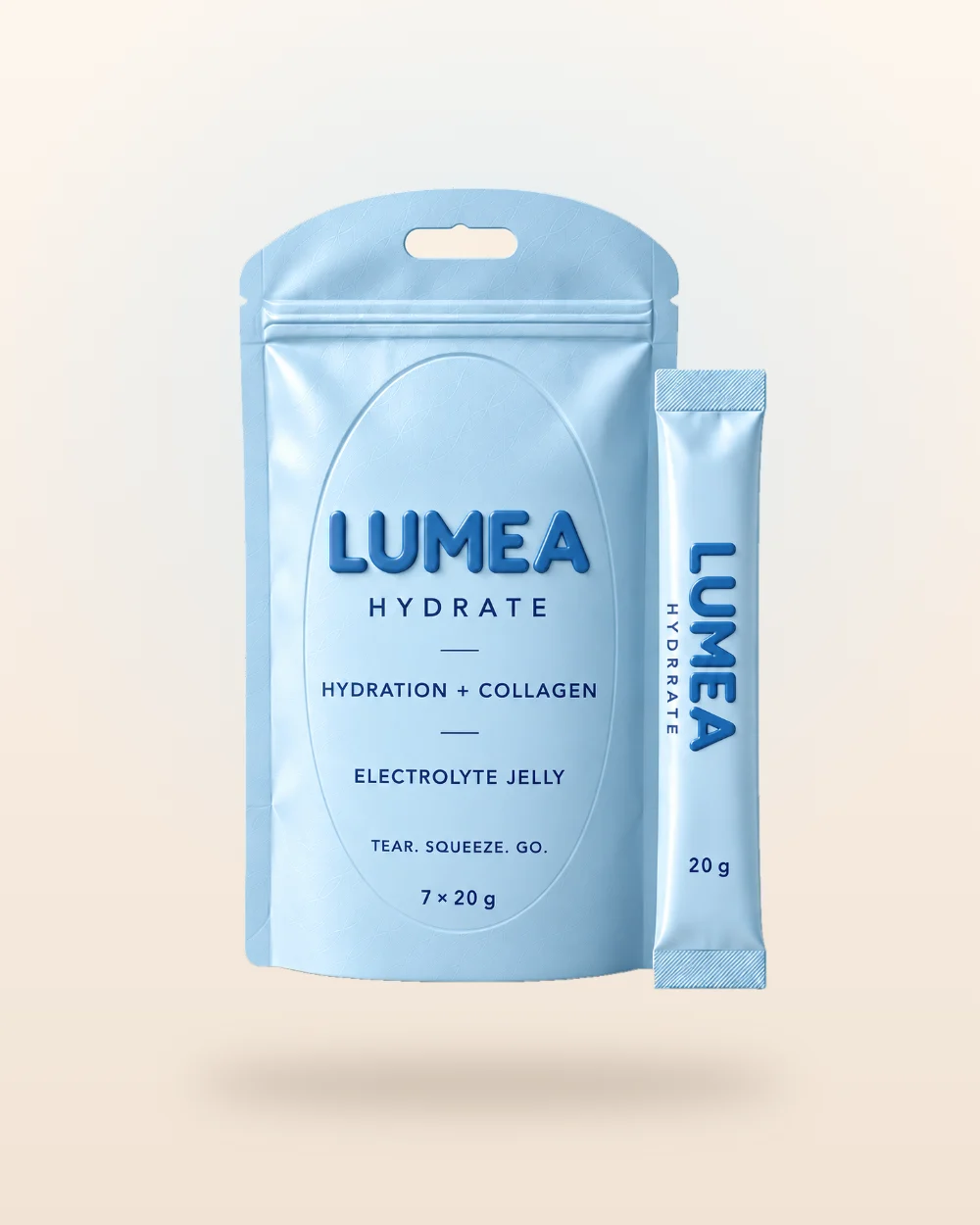 LUMEA HYDRATE packaging: a resealable pouch of seven 20 g jelly sticks.