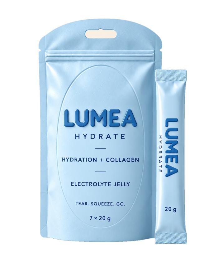 The LUMEA HYDRATE pouch beside a single 20 g jelly stick.